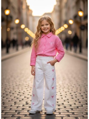 HaanBebe Kız Çocuk Pembe Keten Gömlek ve Nakışlı Beyaz Geniş Paça Pantolon Takımı