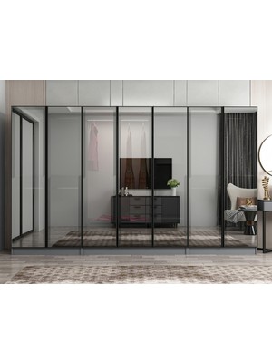 Minar Nisa 7 Kapaklı 2 Çekmece Dolap Antrasit Reflekte Cam