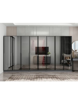 Minar Nisa 8 Kapaklı 4 Çekmece Dolap Antrasit Reflekte Cam