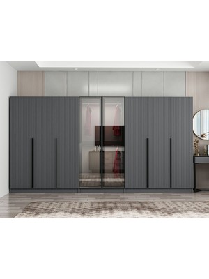 Minar Nisa Plus 8 Kapaklı 4 Çekmece Dolap Antrasit Mebran Reflekte Cam