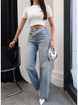 Esra Helvacı Taşlı Çapraz Bel Detaylı Wide Leg Jean