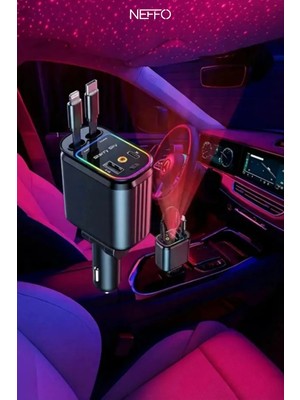 Neffo 4in1 Geri Çekilebilir Araç Içi Hızlı Şarj Cihazı Çakmaklık Rgb Tavan Aydınlatma 66W USB C