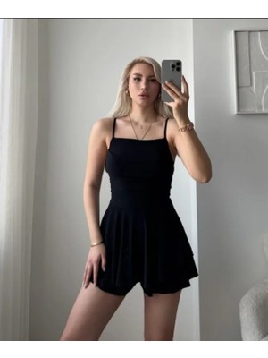 Marsilyan- Straplez Mini Etek Görünümlü Şortlu Elbise Büzgülü Şık Yazlık - Siyah