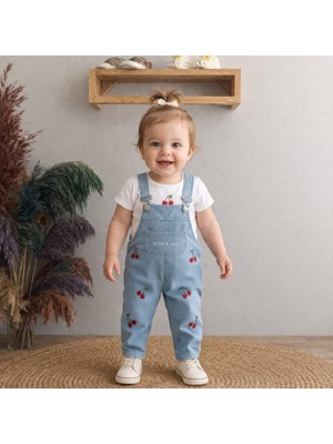 Minilkabebe Kiraz Nakışlı Denim Kız Salopet & Body 6-24 Ay