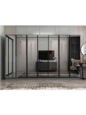 Minar Nisa 7 Kapaklı 4 Çekmece Dolap Antrasit Reflekte Cam