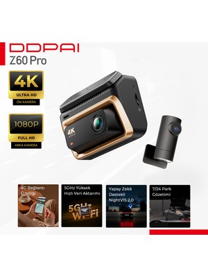 DDPAI Z60 Pro 4K UHD Araç Kamerası - 4G & 5GHz Wi-Fi - AI Gece Görüşü - 7/24 Park