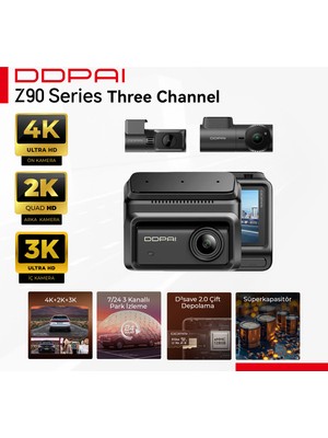 DDPAI Z90 4K UHD Araç Kamerası - 3 Kameralı Tam Koruma - D²save Çift Depolama - 7/24 Park - 512GB Destek