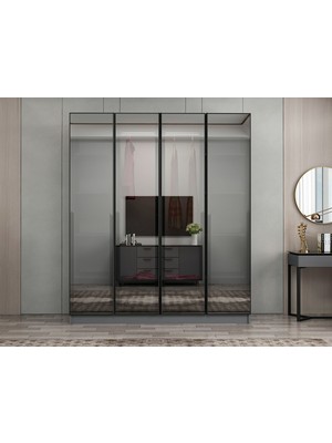 Minar Nisa 4 Kapaklı 2 Çekmece Dolap Antrasit Reflekte Cam