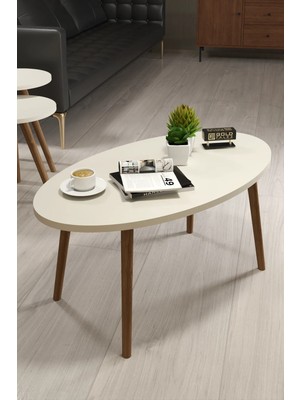 Gold Falez Mobilya Aksesuar Orta Sehpa Ahşap Torna Ayak Elips Krem