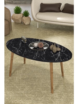 Gold Falez Mobilya Aksesuar Orta Sehpa Ahşap Torna Elips Siyah Mermer Desen