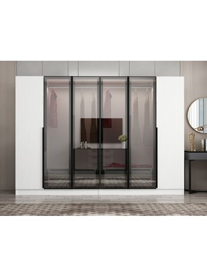 Minar Nisa Plus 6 Kapaklı 4 Çekmece Dolap Beyaz Mebran Reflekte Cam