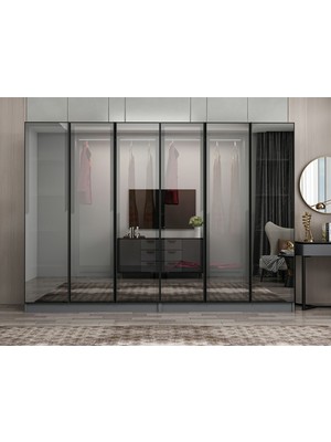 Minar Nisa 6 Kapaklı 4 Çekmece Dolap Antrasit Reflekte Cam