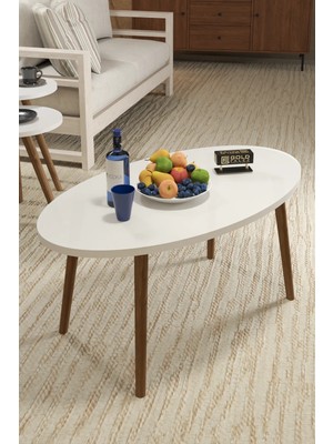 Gold Falez Mobilya Aksesuar Elips Orta Sehpa Ahşap Ayak Beyaz