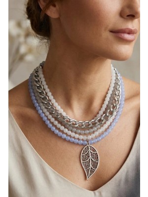 Petek Aksesuar Mavi Beyaz Gri Yaprak Alaçatı Cam Boncuk Zincir Çoklu Kolye