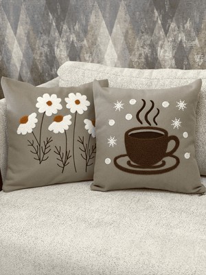 Zeora Home 2’li Dekoratif Pamuklu Kırlent Kılıfı Papatya & Kahve Fincanı Desenli Modern Bohem Etnik Salon Çift Katlı Kumaş