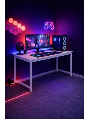Flinder Beyaz Renk Oyuncu Masası 60X120 Cm, Bilgisayar Masası, Gamer Masası, Gaming Masa, Metal Ayaklı