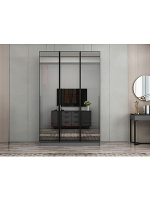 Minar Nisa 3 Kapaklı 2 Çekmece Dolap Antrasit Reflekte Cam