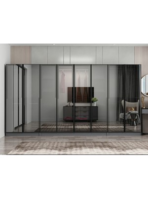 Minar Nisa 8 Kapaklı 2 Çekmece Dolap Antrasit Reflekte Cam