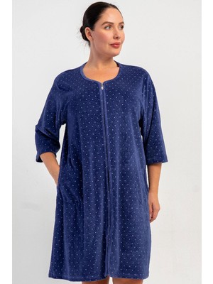 Vienetta Kadın Büyük Beden Kapri Kol Kadife Fermuarlı Lacivert Ev Elbisesi C9T0N0705