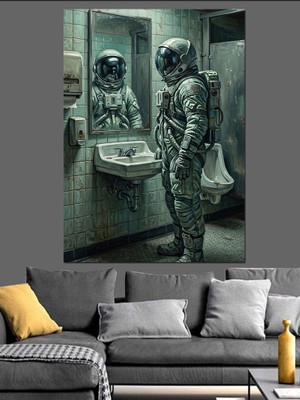 Tablomega Aynada Kendine Bakan Astronot Figürü Dekoratif Kanvas - Mdf Ahşap Tablo