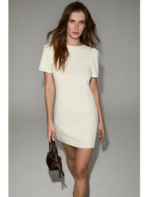 Grimelange Hemlus Kadın Yumuşak ve Esnek Kumaşlı Kısa Kollu Mini Ekru Elbise