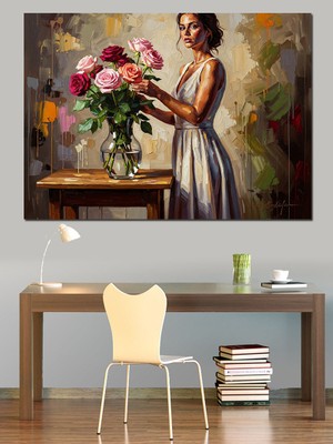 Tablomega Vazoda Renkli Büyük Gül Buketi Dekoratif Kanvas - Mdf Ahşap Tablo