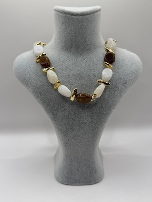 Net.Accessories Kahve-Krem-Gold Asimetrik Kolye