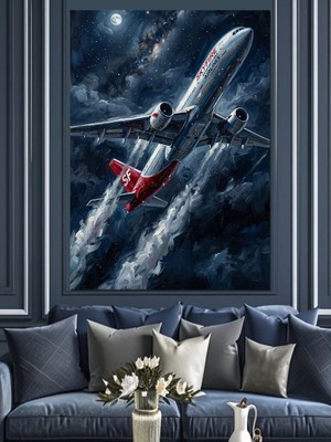 Tablomega Gökyüzünde Süzülen Modern Yolcu Uçağı Dekoratif Kanvas - Mdf Ahşap Tablo