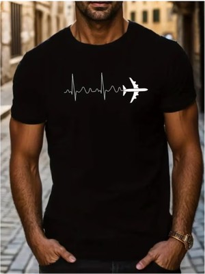 Punix Punıx Büyük Beden Özel Tasarım Kalp Atışı Uçak Baskılı Yüksek Kalite Yazlık Erkek Battal T-Shırt