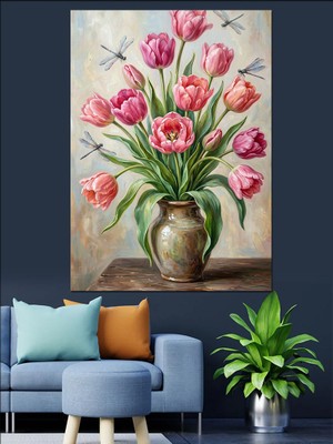 Tablomega Vazoda Pembe Lale Buketi Görseli Dekoratif Kanvas - Mdf Ahşap Tablo