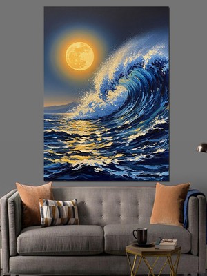 Karizma Tablo Gece Denizinde Dev Ay ve Dalga Dekoratif Kanvas - Mdf Ahşap Tablo