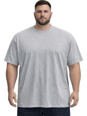 Battal Moda BattalModa Büyük Beden Erkek Basic Bisiklet Yaka Kısa Kollu Tişört %95 Pamuk %5 Likra Melanj Gri 3XL-8XL