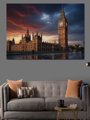 Tablomega Gece Işıkları Altında Londra Meclis Binası Dekoratif Kanvas - Mdf Ahşap Tablo