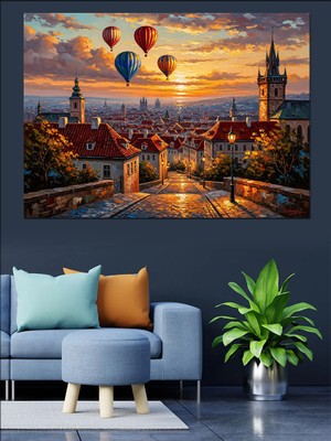 Tablomega Gün Batımında Şehir ve Balonlar Dekoratif Kanvas - Mdf Ahşap Tablo