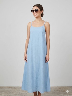 Gizelia Kadın Açık Mavi Ince Askılı Maxi Boy Keten Karışımlı Rahat Kesim Elbise