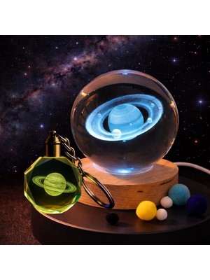 Marsilyan Işıklı Satürn Gezegen Tasarımlı Cam Küre ve Kristal Anahtarlık Hediye Seti