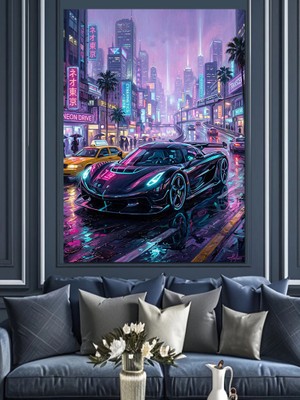Tablomega Gece Şehrinde Neon Işıklı Araba Dekoratif Kanvas - Mdf Ahşap Tablo
