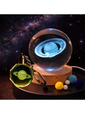 Marsilyan- Işıklı Satürn Gezegen Tasarımlı Cam Küre ve Kristal Anahtarlık Hediye Seti
