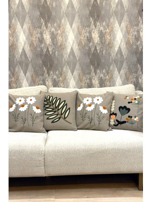 Zeora Home 4’lü Dekoratif Pamuklu Çift Katlı Kırlent Kılıfı Seti Çiçek Papatya Yaprak Modern Boho Etnik Çift Katlı Kumaş