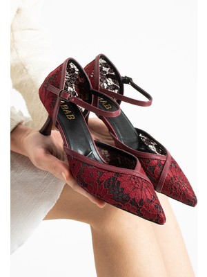 Dabab Shoes Amour Kadın Sivri Burun 6 cm Topuklu Dantel Dokulu Bilekten Bantlı Klasik Topuklu Ayakkabı