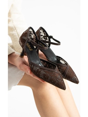 Dabab Shoes Amour Kadın Sivri Burun 6 cm Topuklu Dantel Dokulu Bilekten Bantlı Klasik Topuklu Ayakkabı
