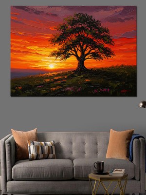Tablomega Gün Batımında Tek Başına Ağaç Dekoratif Kanvas - Mdf Ahşap Tablo