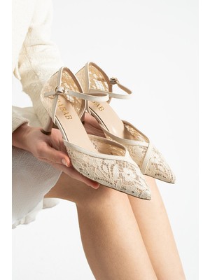 Dabab Shoes Amour Kadın Sivri Burun 6 cm Topuklu Dantel Dokulu Bilekten Bantlı Klasik Topuklu Ayakkabı