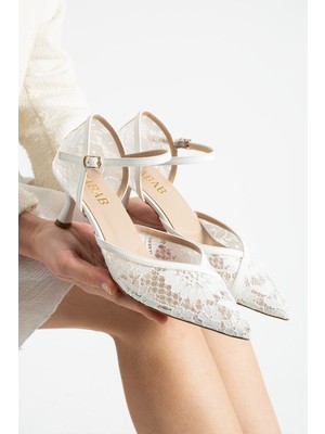 Dabab Shoes Amour Kadın Sivri Burun 6 cm Topuklu Dantel Dokulu Bilekten Bantlı Klasik Topuklu Ayakkabı