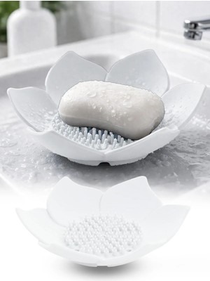 Omilife 2'li Beyaz Lotus Desenli Silikon Sabunluk Su Giderli Katı Sabun ve Sünger Organizer