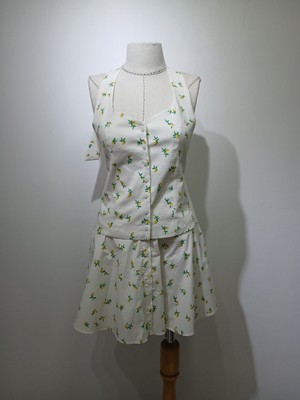 Gizelia Limon Desenli Vintage Stil Halter Yaka Yelek & Etek Takımı