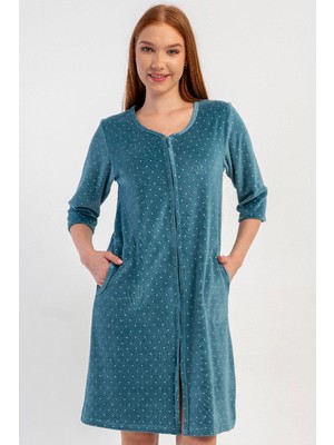 Vienetta Kadın Kapri Kol Kadife Fermuarlı Petrol Ev Elbisesi C2T1N0705