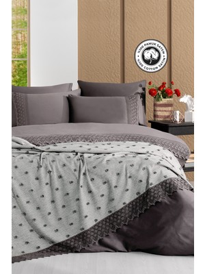 Evien Home %100 Pamuk Saten Nevresimli Pike Seti Dantelli Yatak Örtüsü Çeyiz Seti Çift Kişilik Antrasit 7 Parça