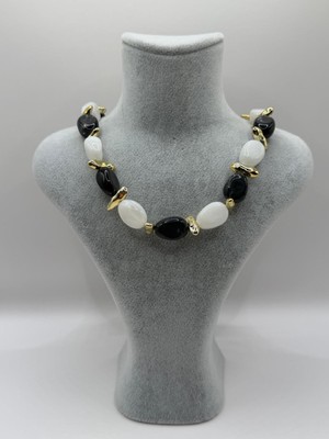 Net.Accessories Siyah-Gold-Beyaz Asimetrik Tasarım Kolye