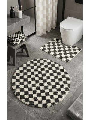 Eurobano Chess Dama Desenli Lateks Kaymaz Taban Makinede Yıkanabilir Daire ve Oyuk Yaka 2'li Banyo Paspası